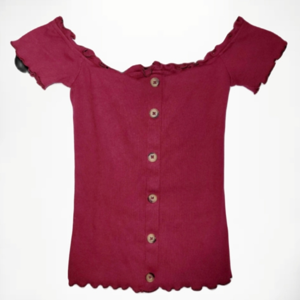 AERO XS Red Button Up Drop Off Shoulder Frilly Hem Top